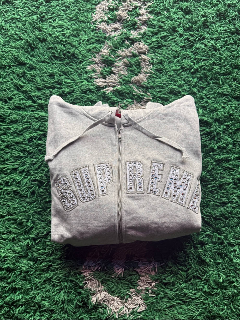 Supreme Light Gray Crystal-Embellished Zip-Up Hoodie